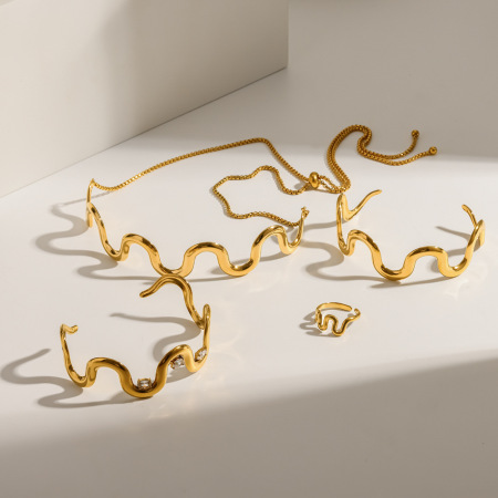 Ensembles de bijoux pour femmes en acier inoxydable imperméable, forme ondulée simple, couleur or, strass