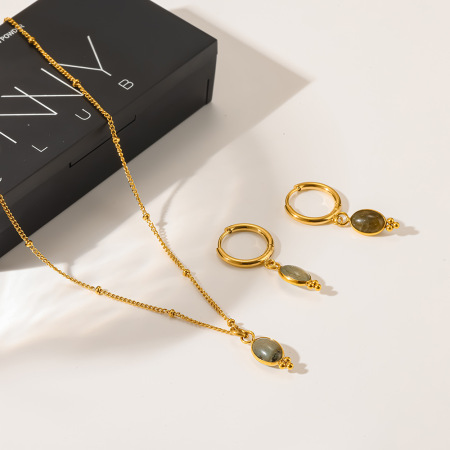 Ensembles de bijoux pour femmes en acier inoxydable doré, forme elliptique rétro, étanches, avec pierres naturelles, collection classique 2
