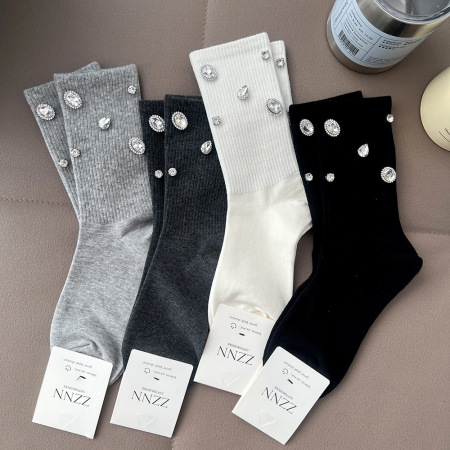 Chaussettes mi-mollet élégantes à motif géométrique uni et strass tendance