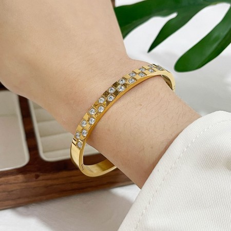 Bracelet jonc élégant rectangulaire en acier inoxydable, étanche, couleur or, avec zircon, collection Simple