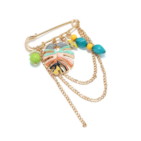 Broches en alliage de feuilles avec perles et pompons naturels, collection Simple Series 2