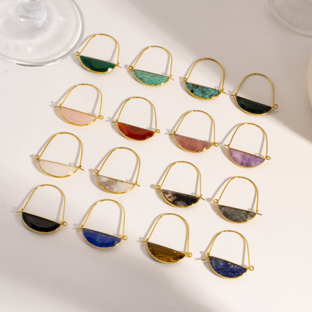 Boucles d'oreilles créoles élégantes en forme d'ellipse, en acier inoxydable, couleur or, imperméables, avec pierre naturelle, collection Simple Series