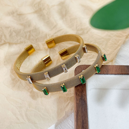 Bracelet manchette rétro rectangulaire en acier inoxydable étanche couleur or avec zircon pour femme, collection Luxueuse