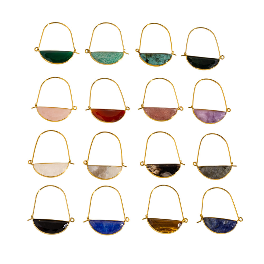 Boucles D'Oreilles Créoles Élégantes En Forme D'Ellipse, En Acier Inoxydable, Couleur Or, Imperméables, Avec Pierre Naturelle, Collection Simple Series Image4