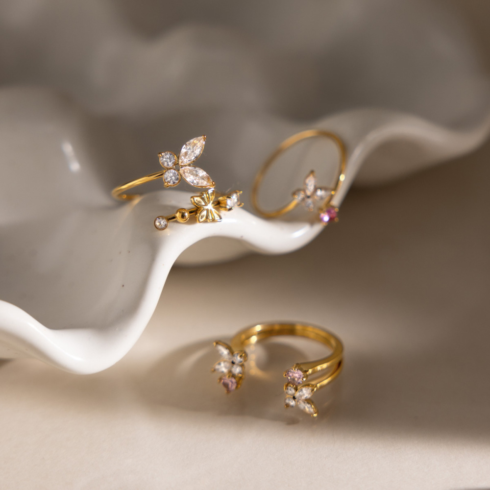 Bagues Pour Femmes En Acier Inoxydable Doré, Ornées De Zircon Et Serties De Pierres Précieuses, Collection Romantique Sweet Butterfly Image4