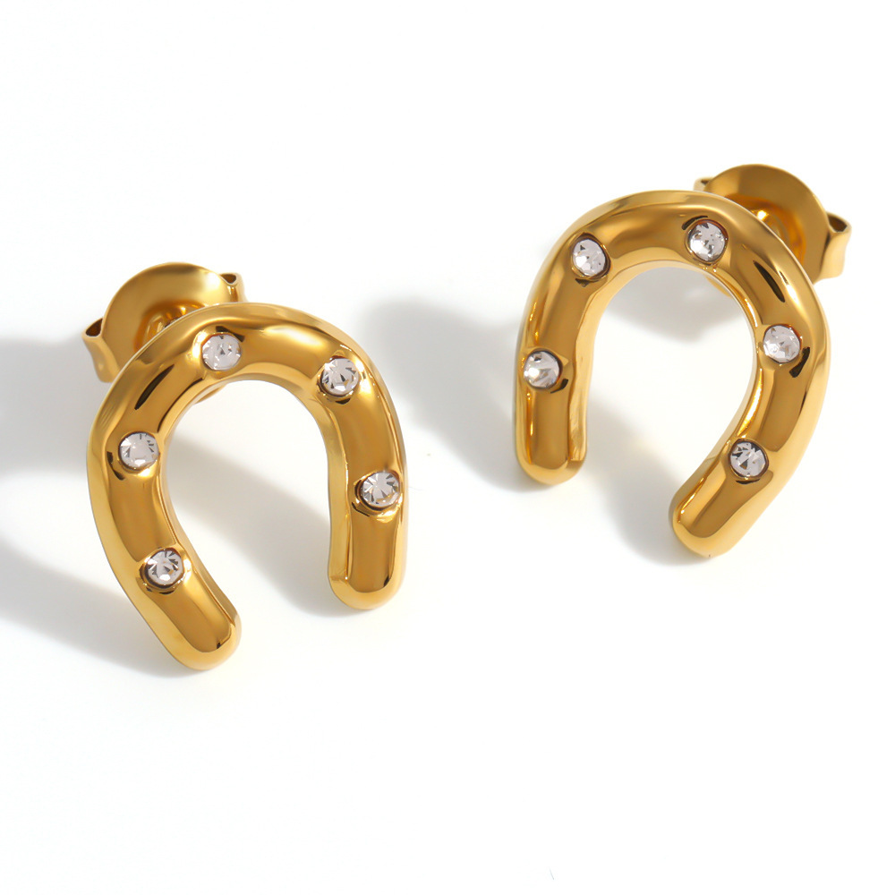 Boucles D'Oreilles Puces Pour Femmes En Acier Inoxydable, Forme Elliptique En Fer À Cheval, Couleur Or, Zircon Et Verre, Étanches. Image4