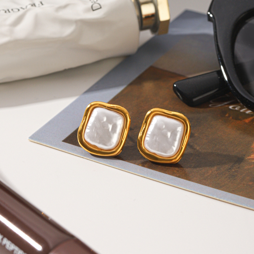 Boucles D'Oreilles Puces Pour Femmes, Style Rectangulaire, En Acier Inoxydable, Couleur Or, Imperméables, Avec Perles, Collection Simple Series Daily Image4