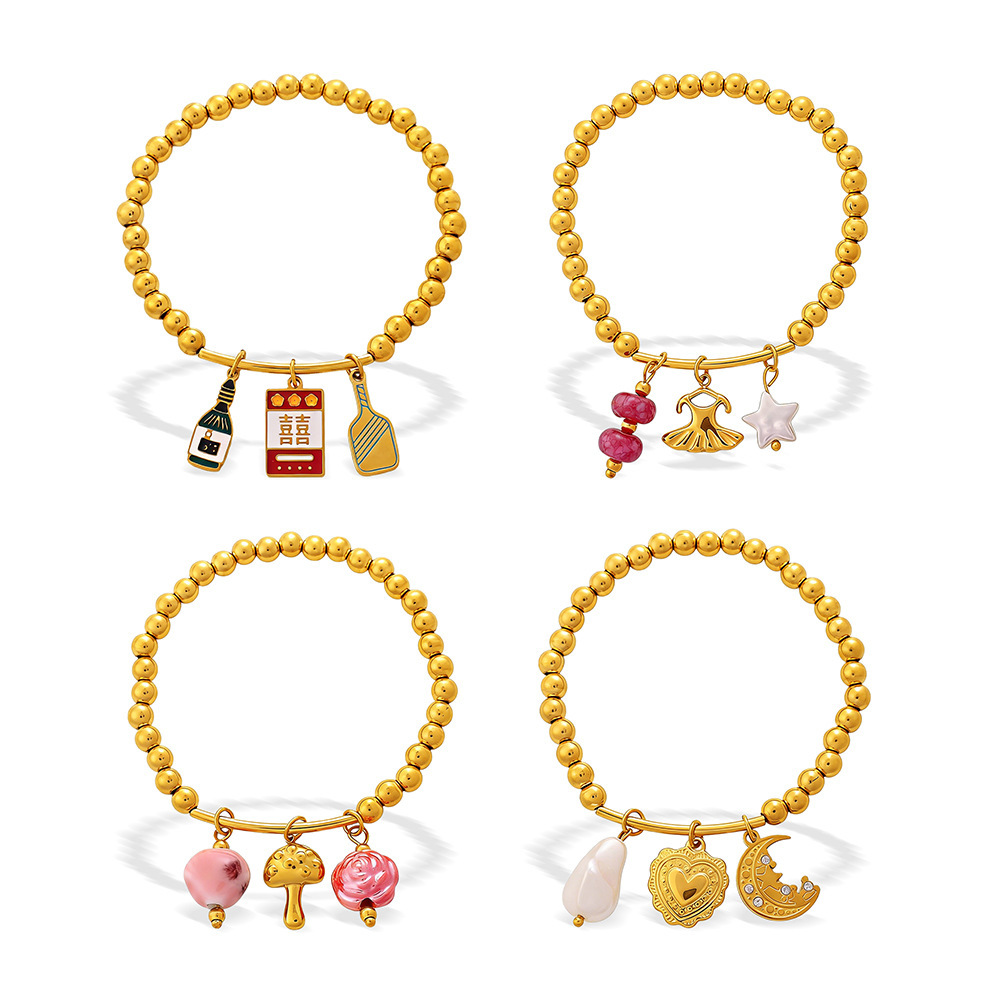 Bracelet À Breloques Pour Femme, Motif Fleur, Œil De Diable Et Lune, En Acier Inoxydable, Étanche, Couleur Or. Image5