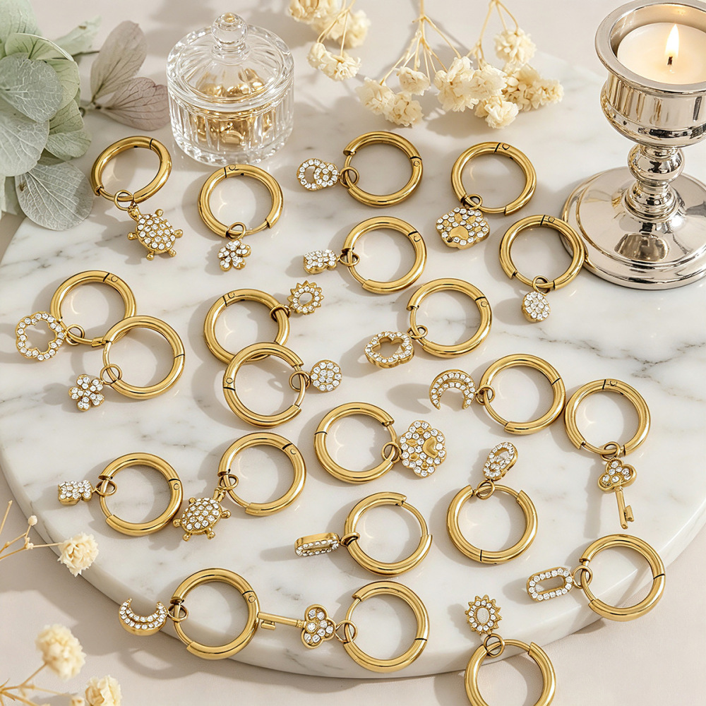 Boucles D'Oreilles Pendantes Pour Femme, En Acier Inoxydable, Couleur Or, Ornées D'Une Croix Et De Zircon, Étanches Et Serties De Fleurs. Image3