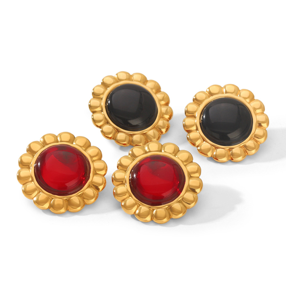 Boucles D'Oreilles Puces Pour Femmes, Style Simple Et Quotidien, En Acier Inoxydable, Étanches, Couleur Or, Ornées De Fleurs Et De Pierres Naturelles. h5Image4