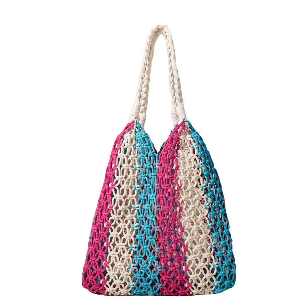Sac Carré Pour Femme En Coton Tissé À Rayures Ajourées, Style Vacances, De Couleur Mélangée Image4