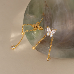 Boucles D'Oreilles Pendantes Pour Femme, Collection Romantique, Avec Pompon Et Papillon, En Acier Inoxydable Étanche, Couleur Or Et Zircon. h5 Image4