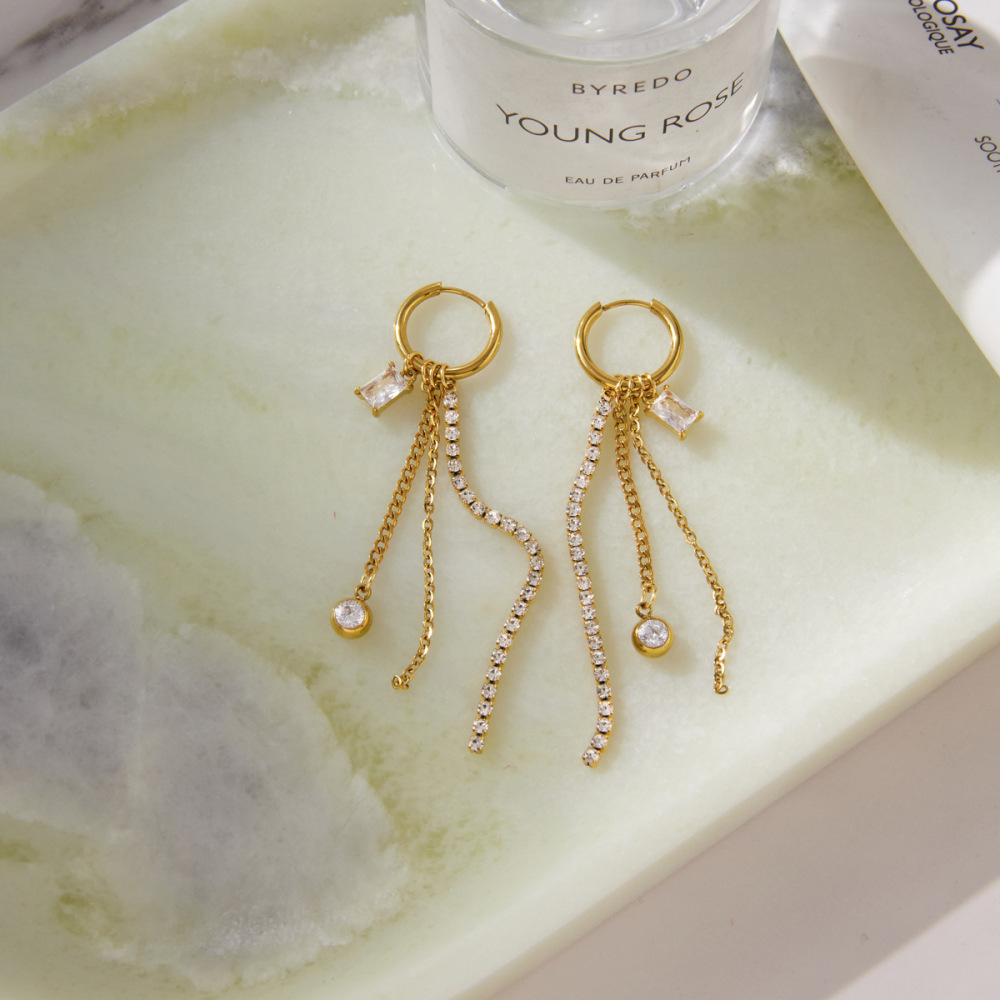 Boucles D'Oreilles Pendantes Pour Femme, Élégantes Et Simples, En Acier Inoxydable Imperméable, Couleur Or, Avec Pompon Et Zircon. Image3