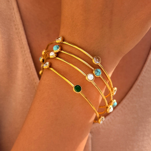 Bracelet Jonc Pour Femme Simple Series Daily Circle En Acier Inoxydable, Couleur Or, Avec Zircon, Étanche h5 Image4