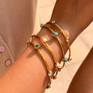 Bracelet Jonc Pour Femme Simple Series Daily Circle En Acier Inoxydable, Couleur Or, Avec Zircon, Étanche h5 Image5
