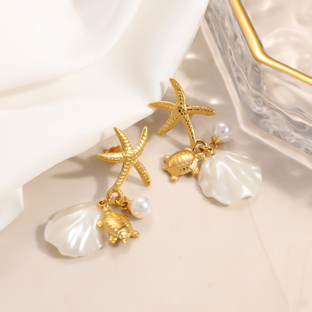 Boucles d'oreilles pendantes pour femme, style océan romantique, en acier inoxydable, couleur or, motif étoile de mer, collection vacances. 2