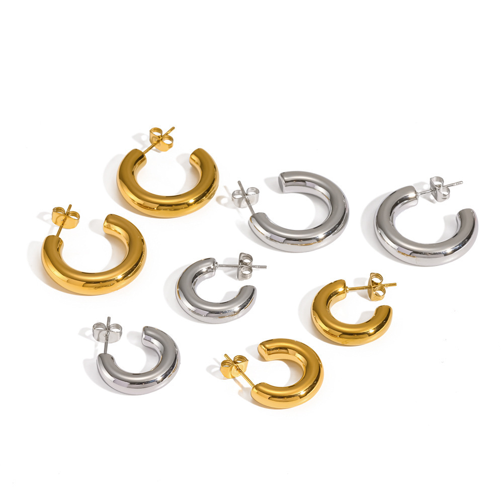 Boucles D'Oreilles Puces Classiques En Acier Inoxydable, Étanches, Couleur Or, En Forme De C, Pour Femmes Image4