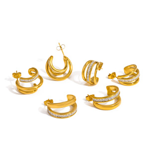 Boucles D'Oreilles Puces Élégantes Et Luxueuses En Forme De C, En Acier Inoxydable Étanche, Couleur Or, Ornées De Strass. h5 Image4