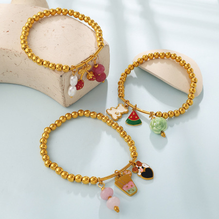 Bracelet à breloques pour femme, simple et élégant, en acier inoxydable, étanche, couleur or, avec perles, forme irrégulière et fruit. 2