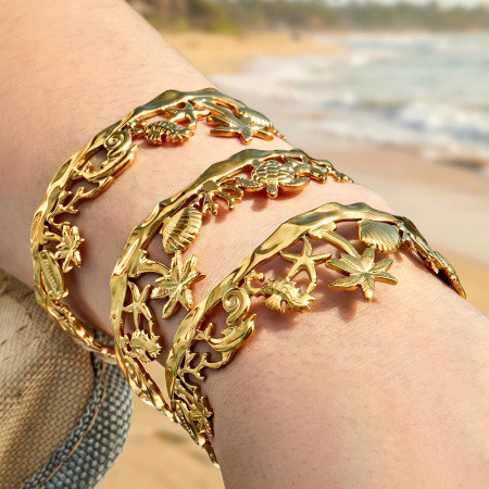 Bracelets manchettes pour femmes en acier inoxydable, couleur or, style coquillage, motif vacances sur l'océan 2