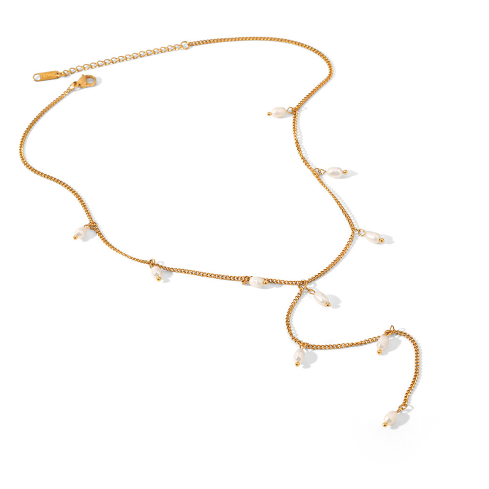 Colliers Pendentifs Pour Femmes, Collection Simple Series Daily Tassel, En Acier Inoxydable Étanche, Couleur Or Et Perle. Image6