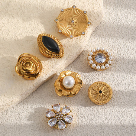 Boutons de manchette pour femme, style rétro, en acier inoxydable doré, ornés d'un zircon et d'une perle, motif floral rond.