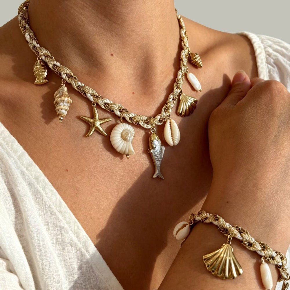 Ensembles De Colliers Pour Femmes De La Série Romantique « Vacances » Avec Motif Poisson, Étoile De Mer Et Coquillage Tressé Couleur Or Image2