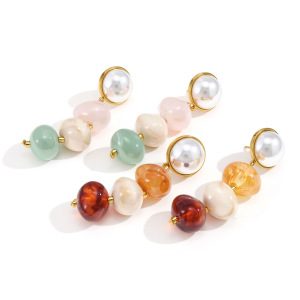 Boucles D'Oreilles Pendantes Romantiques En Acier Inoxydable, Imperméables, Couleur Or, Ornées De Perles. Collection Sweet Patchwork Circle. h5 Image5