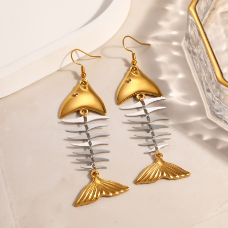 Boucles d'oreilles pendantes pour femme, en acier inoxydable doré et argenté, avec de jolis poissons. 2