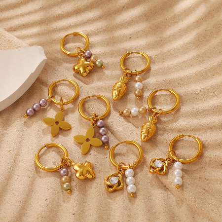 Boucles d'oreilles pendantes pour femme, en acier inoxydable doré, imperméables, ornées de strass et de zircon, motif trèfle et fleurs