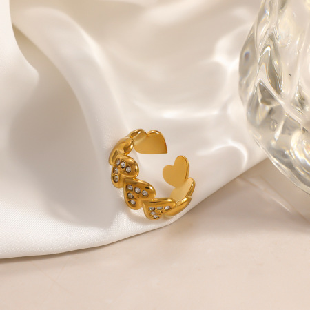 Bagues en acier inoxydable étanches couleur or, forme irrégulière, style cœur, collection Simple Series Daily Flower. Zircon doré. 2