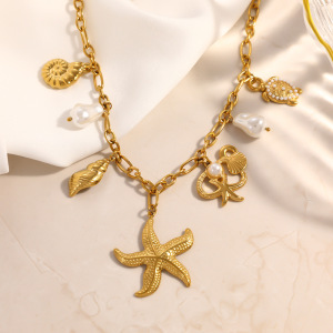 Colliers Pendentifs Pour Femmes, Style Océan, Coquillage Et Étoile De Mer, En Acier Inoxydable Étanche, Couleur Or h5 Image2