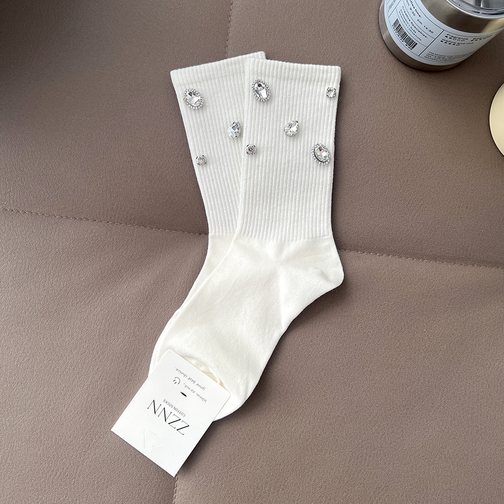 Chaussettes Mi-Mollet Élégantes À Motif Géométrique Uni Et Strass Tendance 