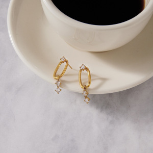 Boucles D'Oreilles Pendantes Pour Femme, Style Simple, Rectangulaire, En Acier Inoxydable, Étanches, Couleur Or, Avec Zircon. h5 Image4