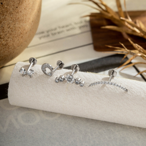 Boucles D'Oreilles Piercing Femme, Forme Géométrique, Nœud Papillon Et Fleur Simple, Alliage De Titane Doré Et Zircon. h5 Image5