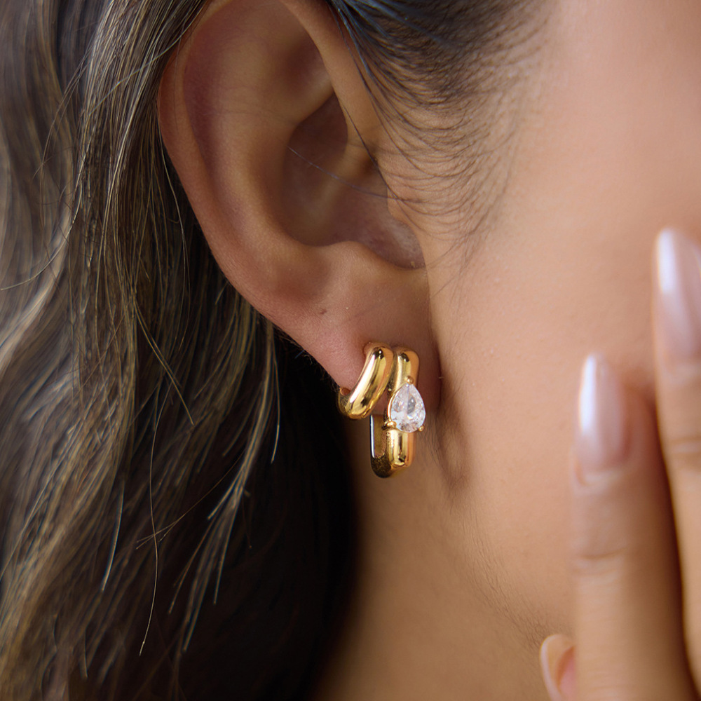 Boucles D'Oreilles Puces Pour Femmes, Forme Irrégulière En Goutte Décontractée, En Acier Inoxydable Étanche, Couleur Or, Avec Zircon. h5Image2