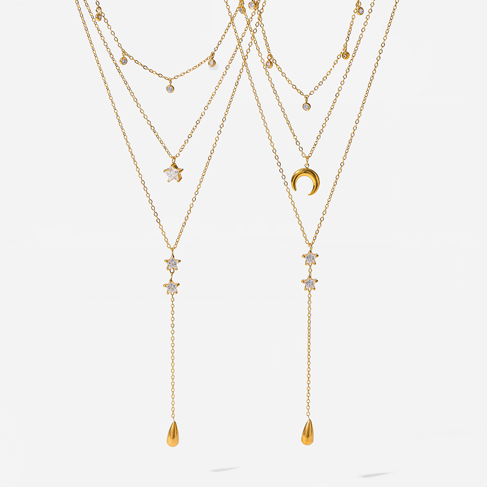 Colliers Superposés Pour Femmes, Luxueux Et Élégants, En Acier Inoxydable, Couleur Or, Ornés De Zircon, En Forme De Goutte, D'Étoile Et De Lune. h5Image6