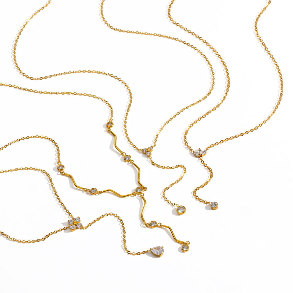 Colliers Pendentifs Pour Femmes En Acier Inoxydable Étanche, Couleur Or, En Forme De Y, Ornés De Strass Image4