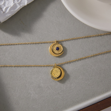 Colliers pendentifs rétro soleil et lune en acier inoxydable étanche couleur or avec pierre naturelle pour femmes