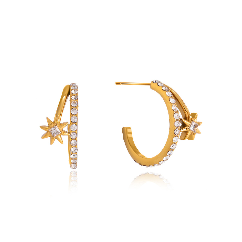 Boucles D'Oreilles Puces Pour Femmes, Collection Simple, Sweet Star Circle, En Acier Inoxydable, Étanches, Couleur Or, Avec Zircon. h5Image5