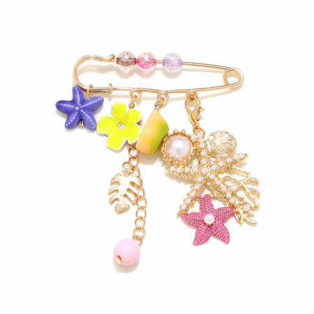 Broches en résine en forme d'étoile de mer, style océanique, avec de jolies fleurs