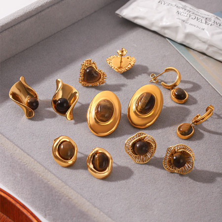 Boucles d'oreilles puces pour femmes, style rétro simple, forme elliptique irrégulière, acier inoxydable, couleur or, imperméables, avec pierre naturelle 2