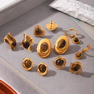 Boucles D'Oreilles Puces Pour Femmes, Style Rétro Simple, Forme Elliptique Irrégulière, Acier Inoxydable, Couleur Or, Imperméables, Avec Pierre Naturelle h5 Image3