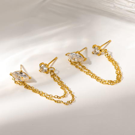 Boucles d'oreilles puces pour femmes, élégantes, à pampilles, en acier inoxydable, imperméables, couleur or, avec zircon, collection Luxueuse. 2