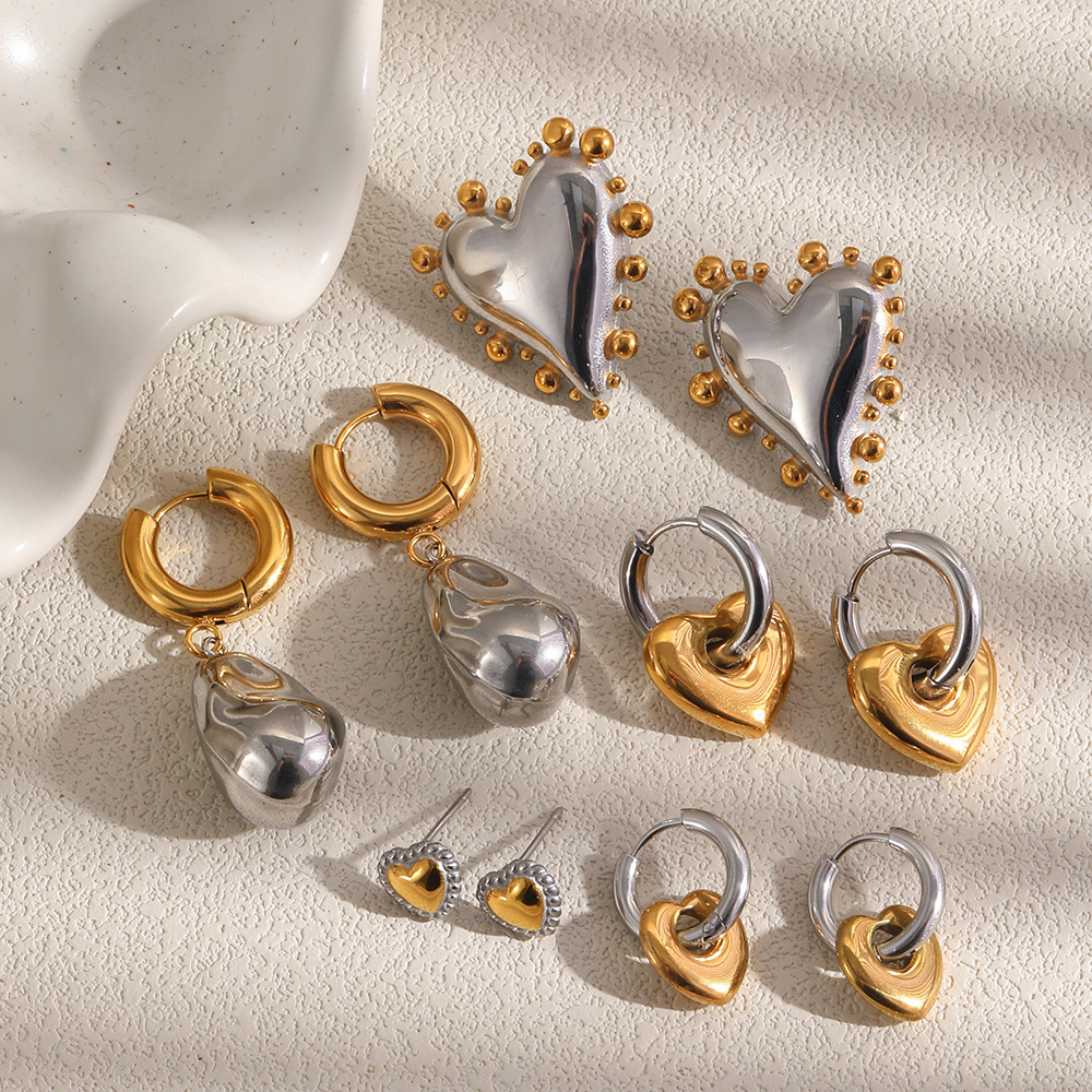 Boucles D'Oreilles Puces Élégantes En Forme De Cœur, En Acier Inoxydable Doré Et Argenté, Étanches, Couleur Or. Image2