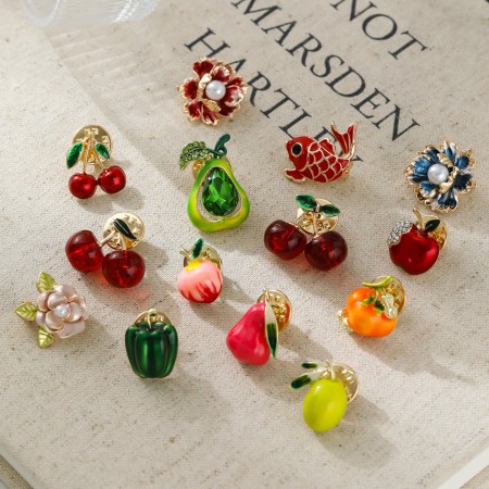 Broches en alliage de la série Simple Daily Flower Fruit Cerise Poisson