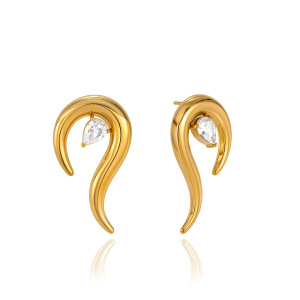 Boucles D'Oreilles Puces Pour Femmes, Style Goutte D'Eau, Lignes Irrégulières, En Acier Inoxydable Étanche, Couleur Or, Avec Zircon. h5 Image4