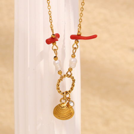 Colliers pendentifs pour femmes en acier inoxydable, perle couleur or, coquillage et corail de vacances