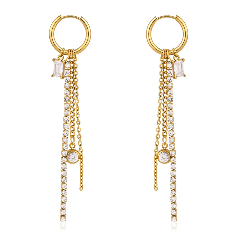 Boucles D'Oreilles Pendantes Pour Femme, Élégantes Et Simples, En Acier Inoxydable Imperméable, Couleur Or, Avec Pompon Et Zircon. Image5