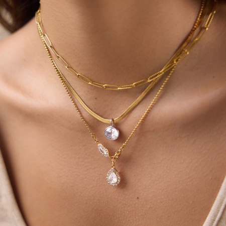 Colliers pendentifs pour femmes en acier inoxydable étanche, forme elliptique et goutte simple, couleur or, zircon